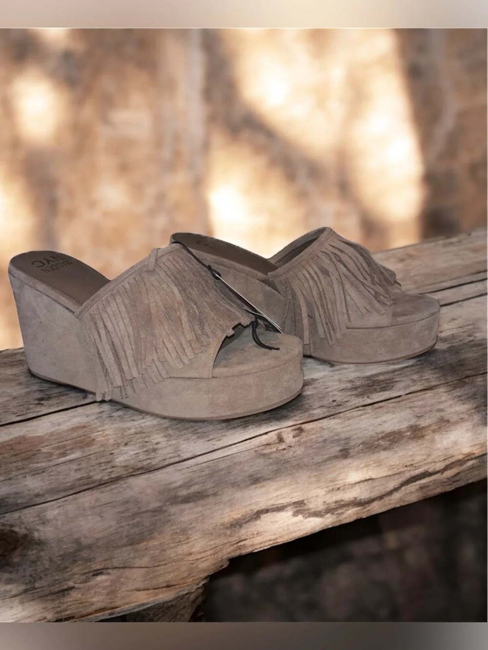 Madden NYC Fringe Wedge Slide Sandals Taupe Faux Suede Platform Size 9 NWT